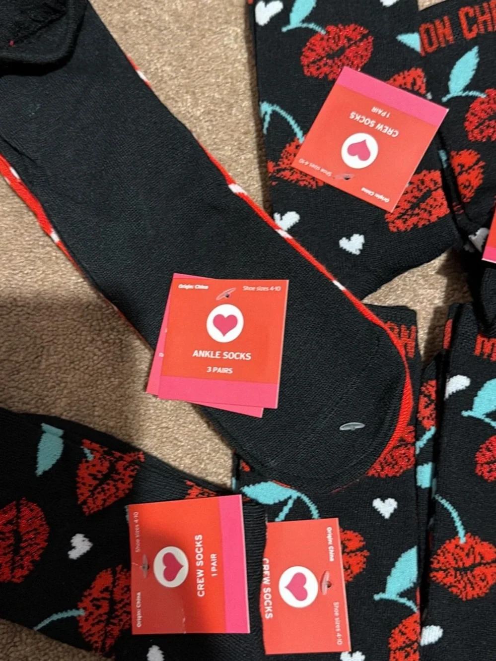 Mon Cheri women’s  Black & Red Heart Crew Socks -